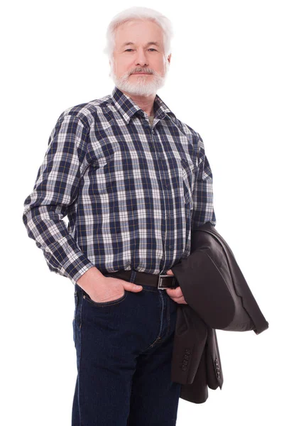 Gri Sakallı Yakışıklı Yaşlı Adam Beyaz Arka Planda Izole Edilmiş — Stok fotoğraf