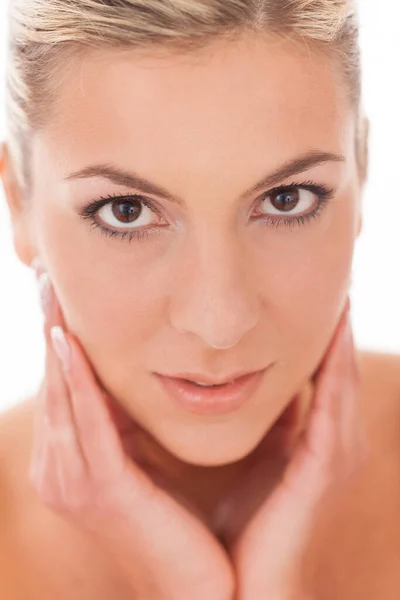 Closeup Retrato Bela Mulher Caucasiana Com Maquiagem Dia — Fotografia de Stock