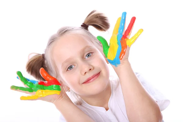 Mutlu Kız Ona Ellerine Beyaz Arka Plan Üzerinde Boya Ile — Stok fotoğraf