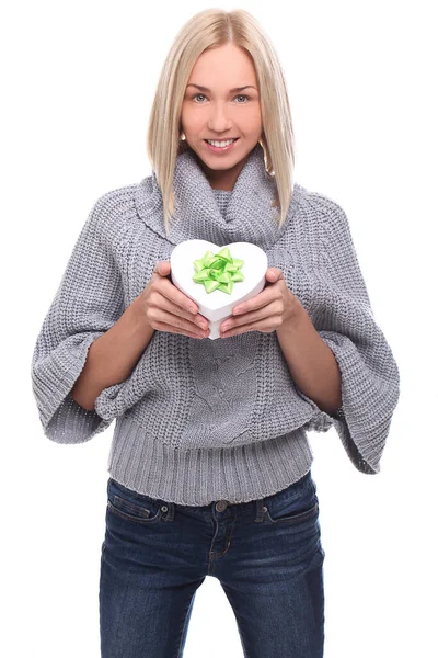 Attractive Woman Grey Sweater Posing Gift Box — Stock Photo, Image