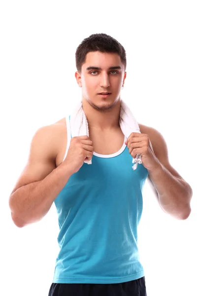 Junge Muskulöse Kerl Mit Handtuch Über Weißem Hintergrund — Stockfoto