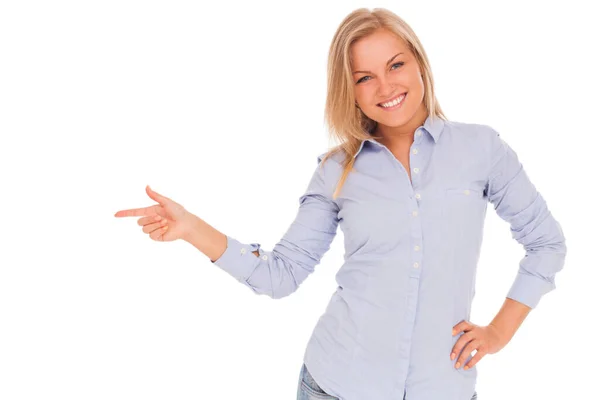 Young Blond Caucasian Woman Smiling White Background — Stock Photo, Image