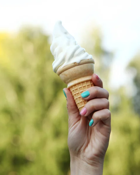 Close Ice Cream Cone Woman Hand — Stock Photo, Image
