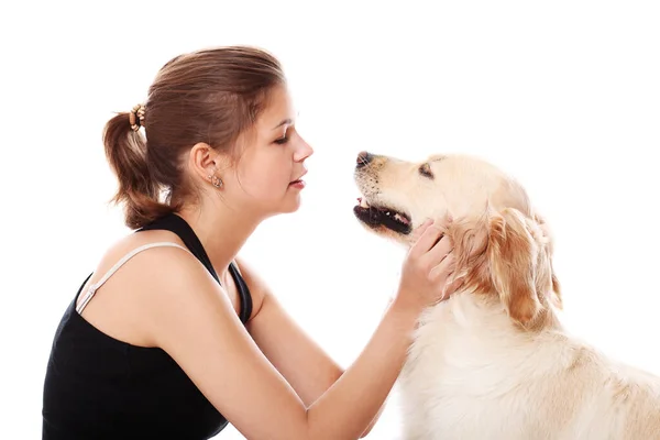 Mulher Feliz Seu Belo Cão Sobre Fundo Branco — Fotografia de Stock