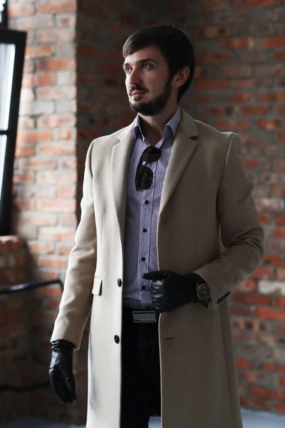 Studio Portrait Handsome Man Coat Posing Brick Wall — Stock Photo, Image