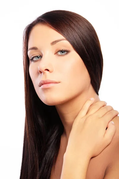 Young Beautiful Woman Long Hairs White Background — Stock Photo, Image