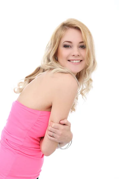 Portrait Beautiful Blonde Girl Curly Hair Who Posing Pink Top — Stock Photo, Image
