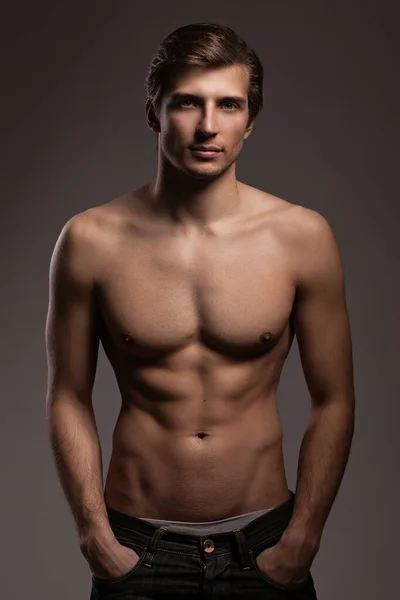 Handsome Young Man Naked Torso Grey Background — Stock Photo, Image