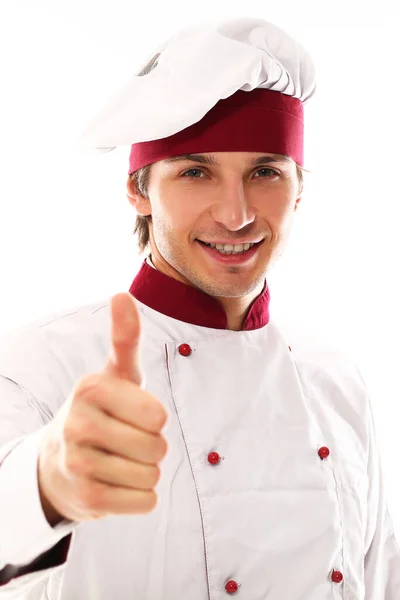 年轻英俊的厨师对着白色的背景笑着 — 图库照片