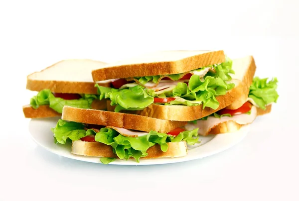 Lekkere Sandwiches Plaat Geïsoleerd Witte Achtergrond — Stockfoto