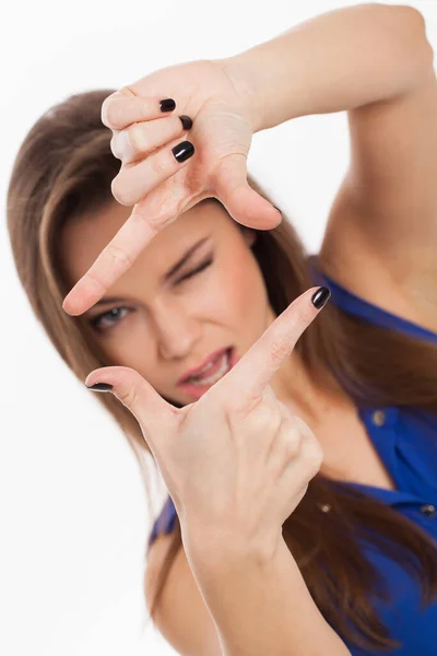 Young Woman Long Hair Make Photo Her Hands — Stock Photo, Image