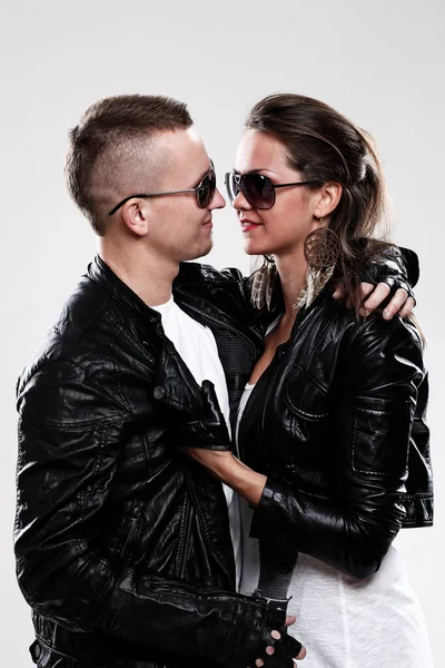 Cool Happy Couple Posing Leather Outfit Royalty Free Stock Images