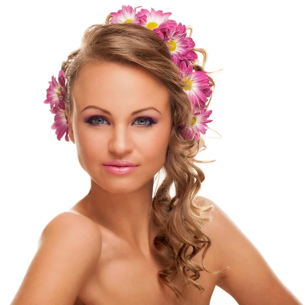 Beautiful Young Caucasian Woman Flowers Her Hair Isolated White Background Stock Image