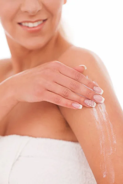 Beautiful Woman Massage Herself White Cream Royalty Free Stock Images