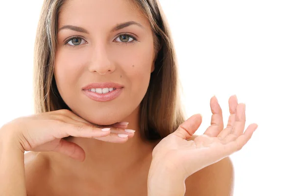 Portrait Beautiful Woman Who Holding Her Hands Hear Her Face — Stock Photo, Image