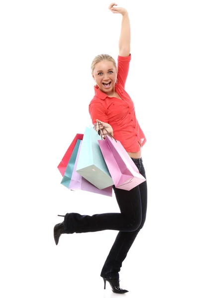 Happy Woman Colorful Shopping Bags White Background — Stock Photo, Image