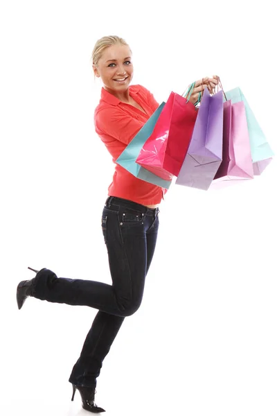 Femme Heureuse Avec Des Sacs Provisions Colorés Sur Fond Blanc — Photo