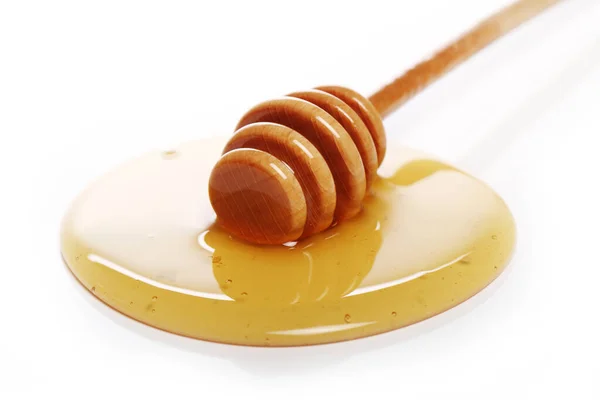 Honey Dripping Wooden Spoon White Background — Stock Photo, Image