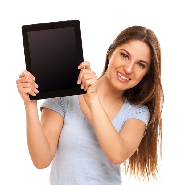Young Caucasian Woman Tablet White Background — Stock Photo, Image