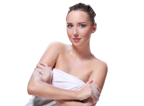 Zeepschuim Wassen Vrouw Een Witte Achtergrond — Stockfoto