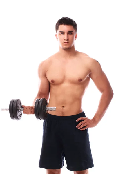 Muskulöser Typ Der Mit Hantel Über Weißem Hintergrund Trainiert — Stockfoto