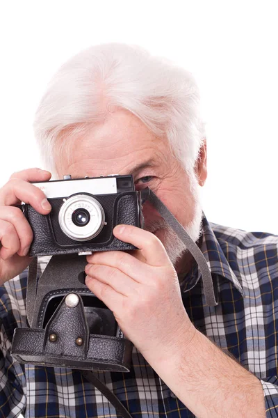 Fotógrafo Anciano Con Fondo Retro Sobre Blanco — Foto de Stock