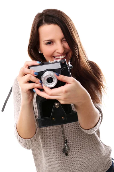 Menina Bonita Posando Com Câmera Estúdio — Fotografia de Stock