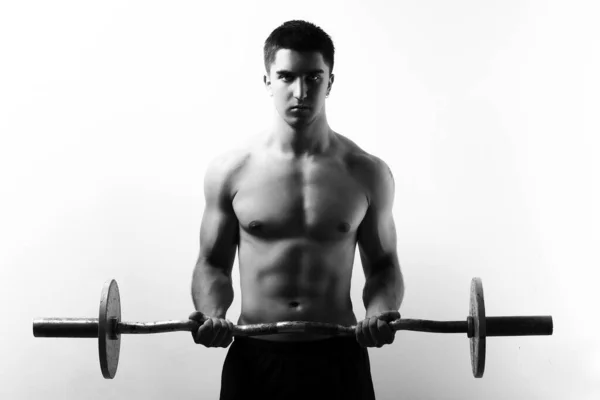 Young Muscular Guy Training Biceps Barbell — Stock Photo, Image