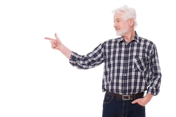 Красивый Пожилой Человек Седой Бородой Показывает Изолированном Белом Фоне — стоковое фото