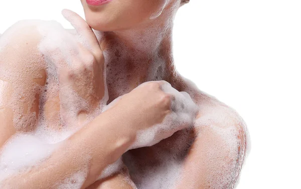Seifenschaum Waschen Frau Auf Weißem Hintergrund — Stockfoto