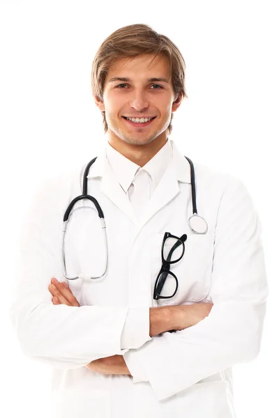 白い背景にハンサムな若い医師の肖像画 — ストック写真