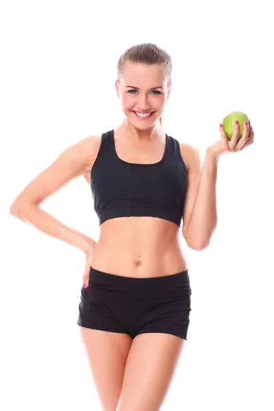 Hermosa Chica Fitness Con Manzana Verde Mano Sobre Fondo Blanco —  Fotos de Stock