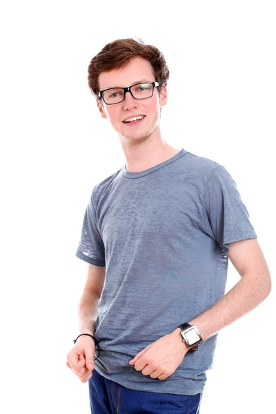 Portrét Mladé Šťastnej Chlap Brýlích Nad Bílým Pozadím — Stock fotografie