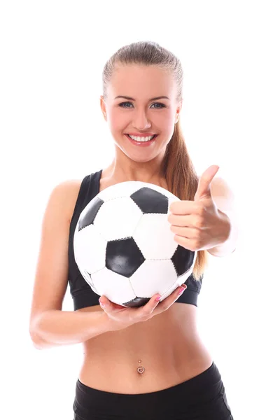 Jeune Fille Sexy Avec Ballon Football Sur Fond Blanc — Photo