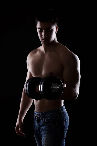 Retrato Jovem Musculoso Cara Com Haltere — Fotografia de Stock