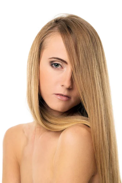 Portret Pięknej Dziewczyny Blond Włosy Proste Pozowanie Nagie Ramiona Białym — Zdjęcie stockowe