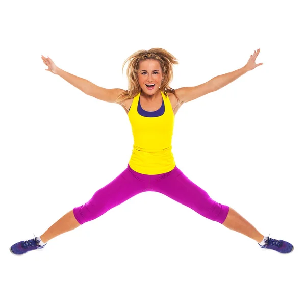Vacker Kvinna Fitness Slitage Hoppa Isolerad Över Vit Bakgrund — Stockfoto