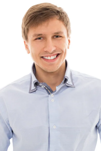 Handsome Man Blue Shirt Smiling White Background — Stock Photo, Image