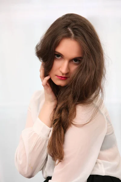 Portrait Young Sad Caucasian Woman Long Hair — Stok Foto