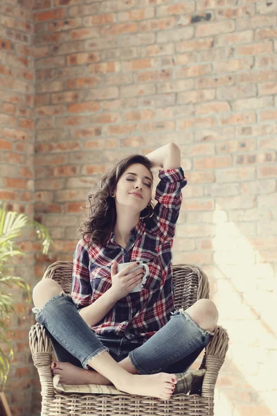 stock image Cute woman at home during the day