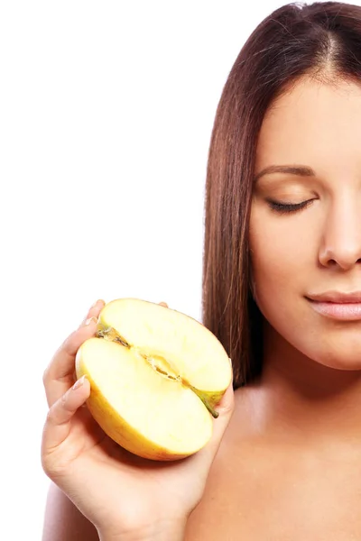 Schöne Frau Mit Apfel Den Händen Vor Weißem Hintergrund — Stockfoto