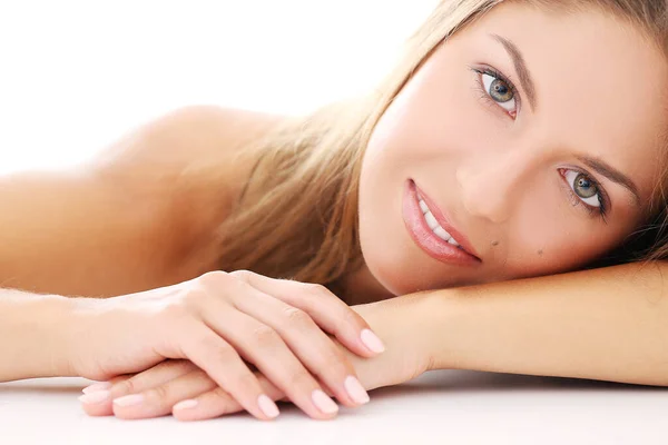 Portrait Beautiful Girl Who Lying Her Arms — Stock Photo, Image