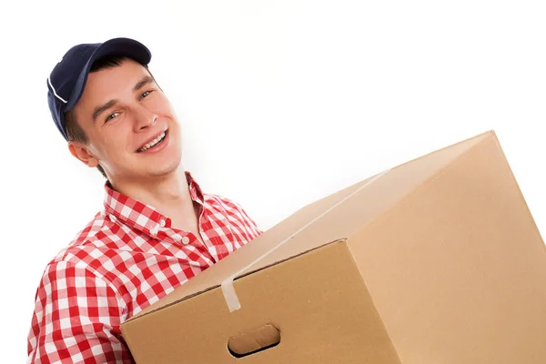 Handsome Young Caucasian Courier Brown Box Isolated White Background — Stock Photo, Image