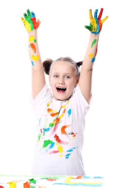 Happy Girl Paint Her Hands White Background — Stock Photo, Image