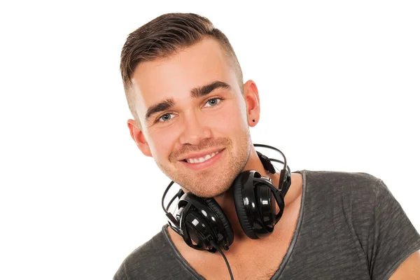 Portrait Bel Homme Avec Des Écouteurs Sur Fond Blanc — Photo