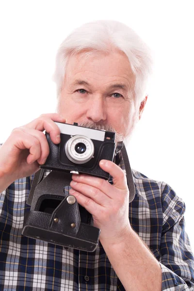 Starszy Fotograf Retro Białym Tle — Zdjęcie stockowe