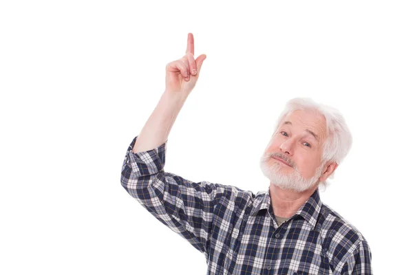 Handsome Elderly Man Grey Beard Shows Something Isolated White Background — Stock Photo, Image