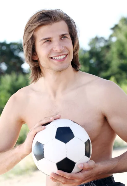 Young Handsome Guy Soccer Ball Beach — Stock Photo, Image