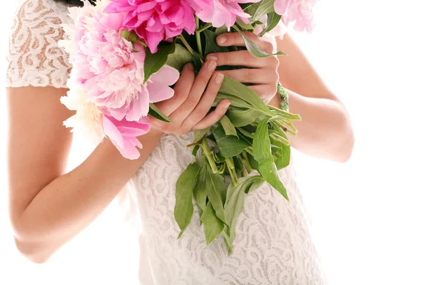 Beautiful Bouquet Rose Peonies Woman Hands — Stock Photo, Image