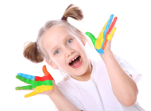 Menina Feliz Com Tinta Nas Mãos Sobre Fundo Branco — Fotografia de Stock